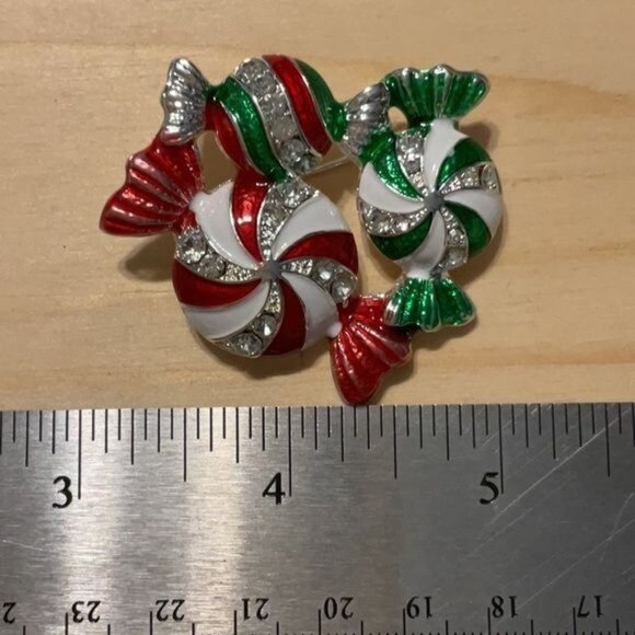 Holiday Candy Brooch With Rhinestones Red & Green Pin - Picture 3 of 3